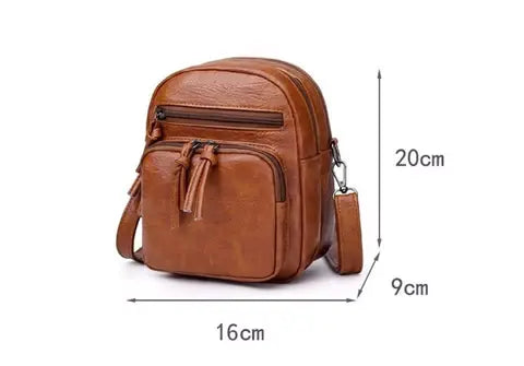Borsa a tracolla in pelle marrone, dimensioni 20x16x9 cm, con tasche multiple e cerniere, ideale per uomo e donna, stile casual ed elegante.