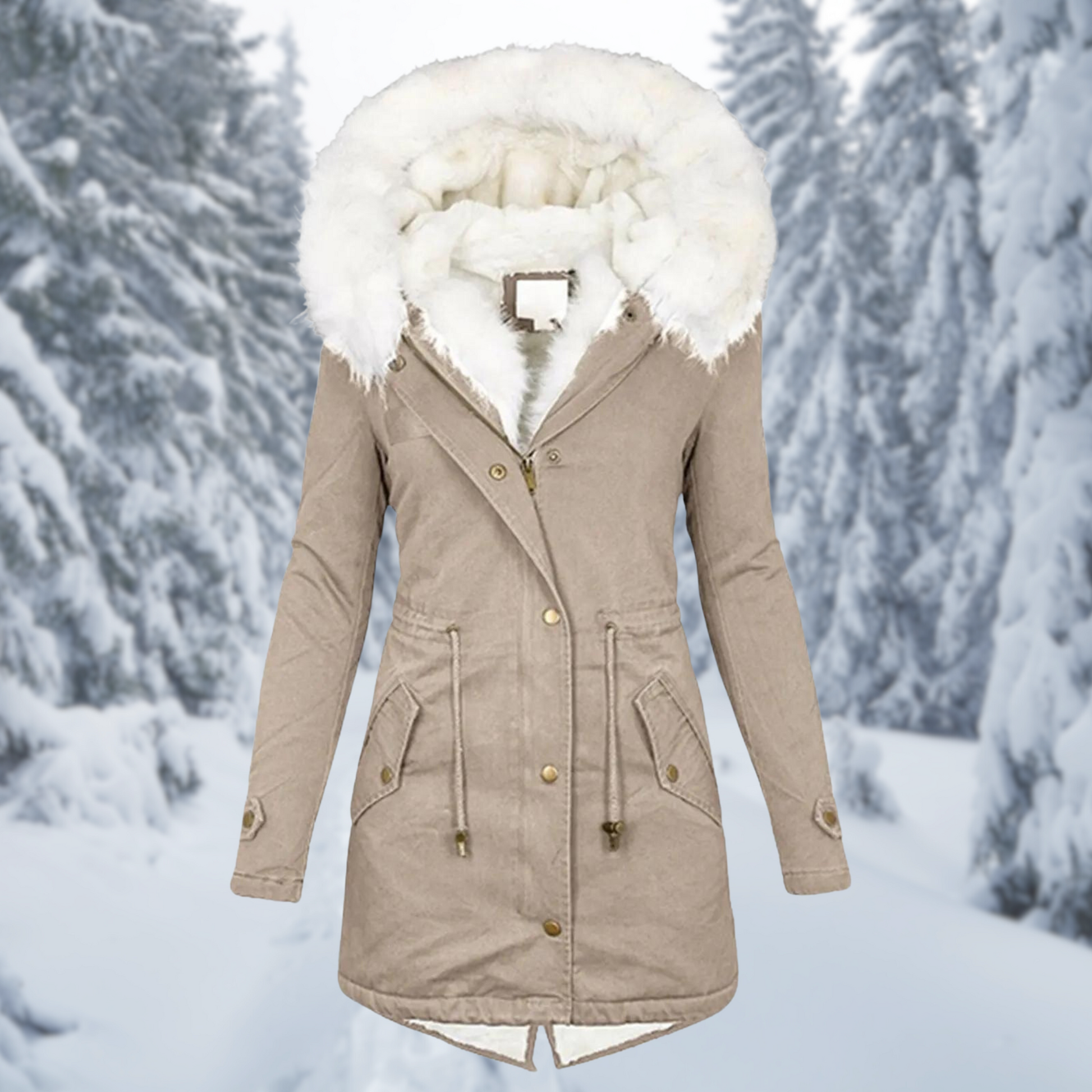 Parka beige con cappuccio in pelliccia sintetica bianca, ideale per l'inverno. Giacca calda e alla moda, perfetta per climi freddi e nevosi.