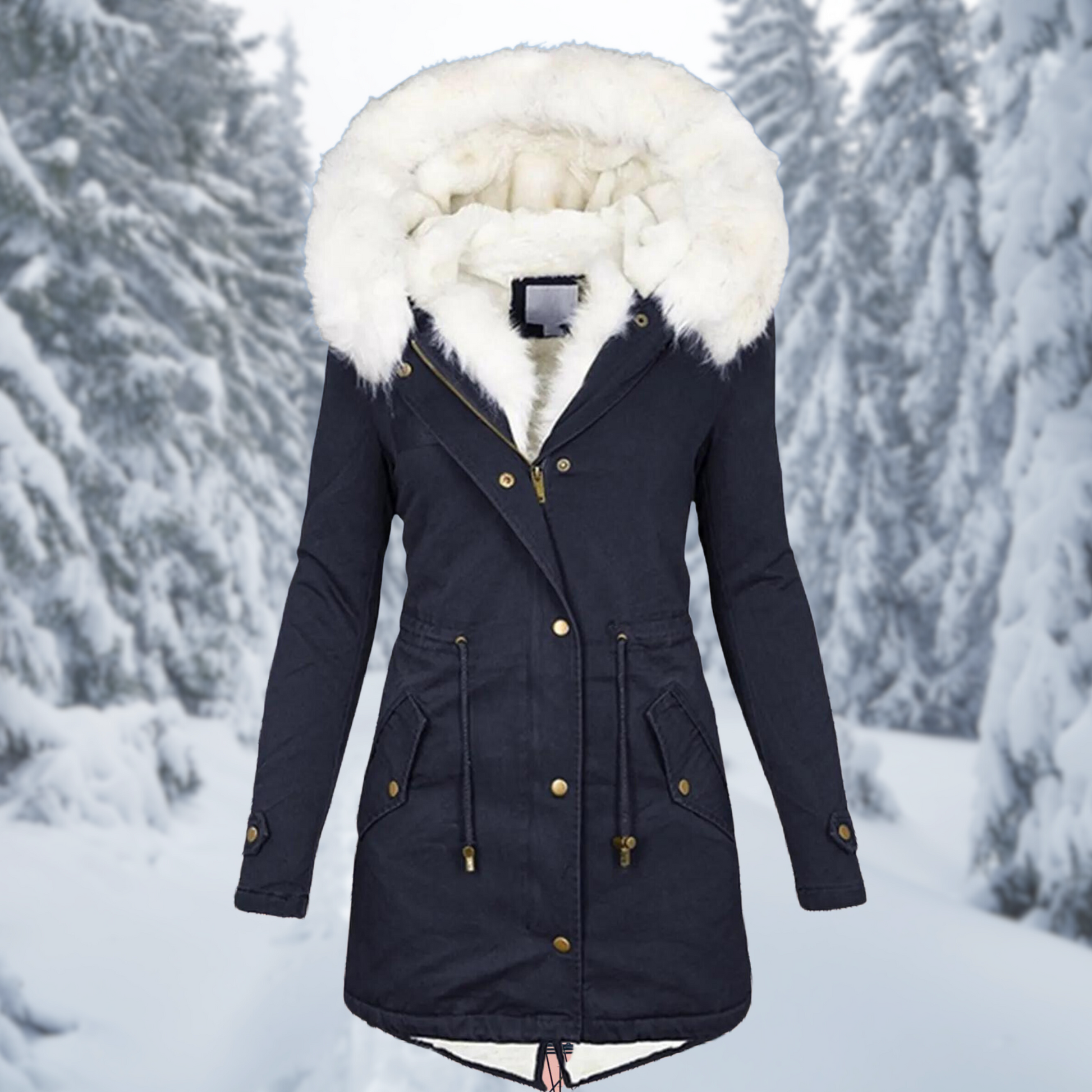 Giacca invernale da donna con cappuccio in pelliccia sintetica bianca, colore blu scuro, sfondo innevato, moda inverno, abbigliamento caldo.