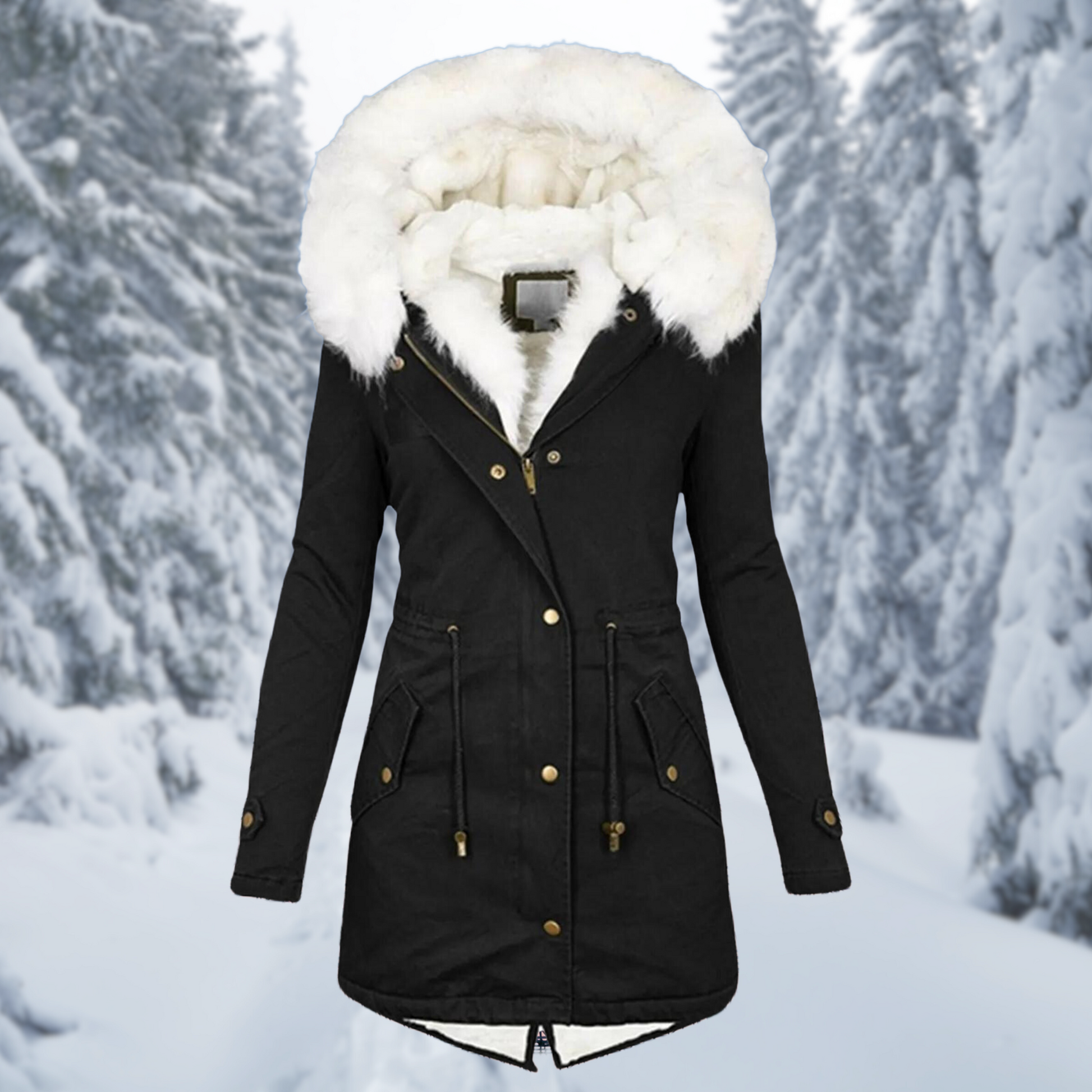 Giacca invernale nera con cappuccio in pelliccia bianca, design elegante, perfetta per climi freddi, sfondo innevato, moda donna inverno.
