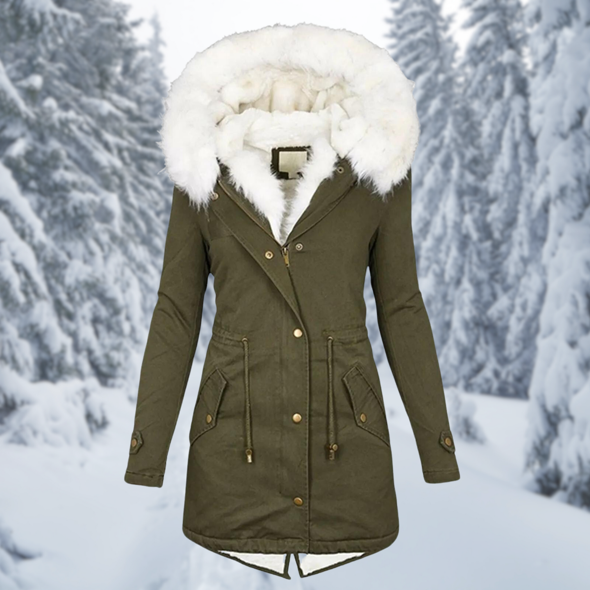 Parka verde con cappuccio in pelliccia sintetica bianca, ideale per l'inverno. Giacca calda e alla moda per donna, perfetta per climi freddi.