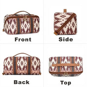 Borsa da viaggio etnica in tessuto stampato, vista frontale, laterale, posteriore e superiore. Design geometrico marrone e bianco, manico in pelle.