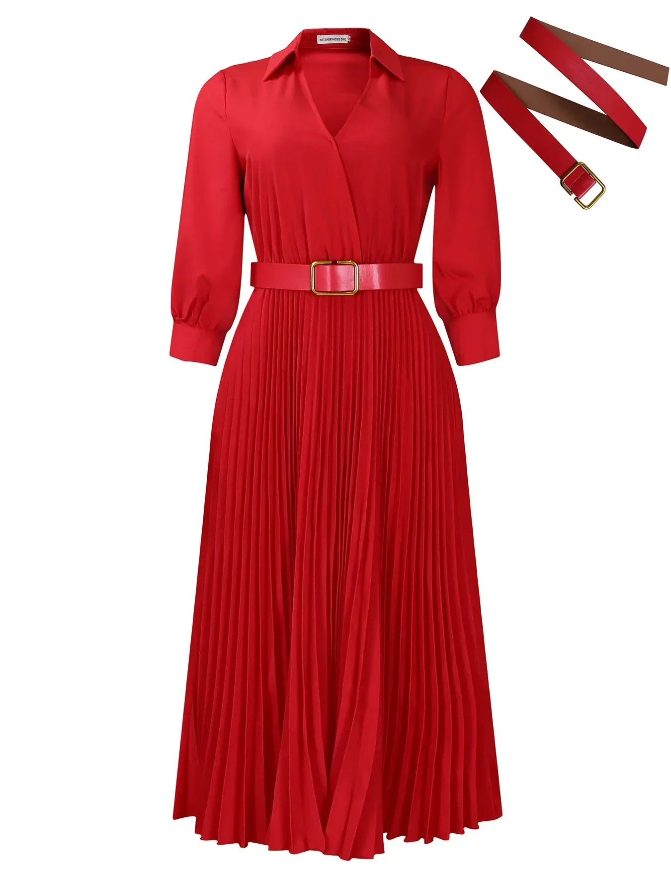 Abito rosso elegante a pieghe con cintura coordinata, maniche lunghe e scollo a V. Perfetto per eventi formali e serate speciali.
