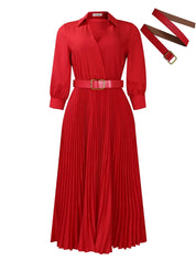 Abito rosso elegante a pieghe con cintura coordinata, maniche lunghe e scollo a V. Perfetto per eventi formali e serate speciali.