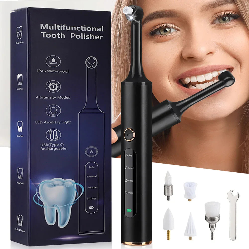 Spazzolino elettrico multifunzione nero con accessori, impermeabile IPX6, 4 modalità intensità, luce LED, ricaricabile USB, confezione inclusa.