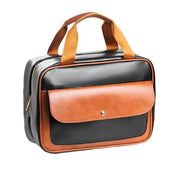 Borsa a tracolla in pelle nera e marrone, design elegante, tasca frontale con bottone, manici robusti, ideale per lavoro e viaggio.
