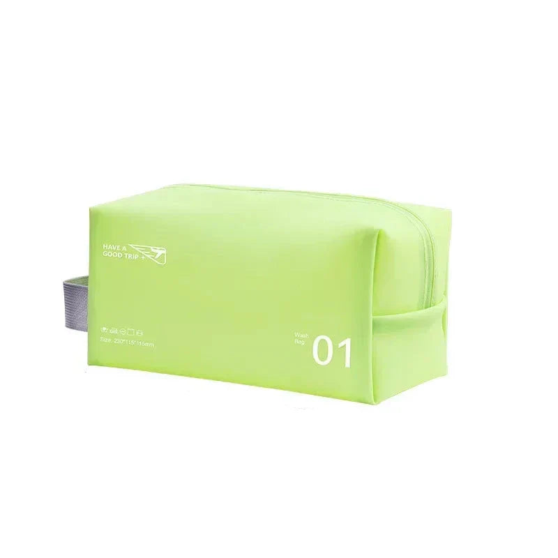 Astuccio da viaggio verde lime con cerniera, design rettangolare, manico laterale grigio, ideale per organizzare accessori e cosmetici.