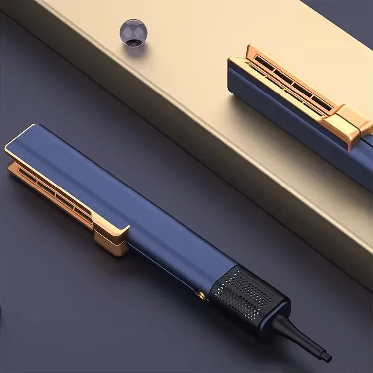 Piastra per capelli blu e oro, design elegante, tecnologia avanzata, riscaldamento rapido, styling professionale, accessorio bellezza essenziale.