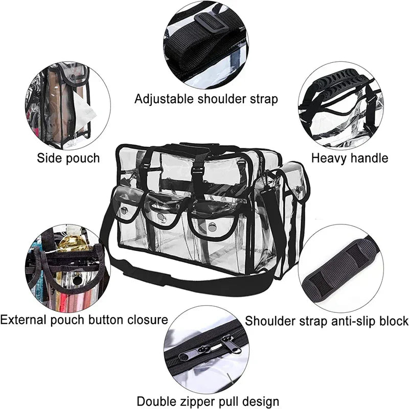 Borsa trasparente in PVC con tracolla regolabile, manico robusto, tasche laterali, chiusura a bottone, design con doppia cerniera.