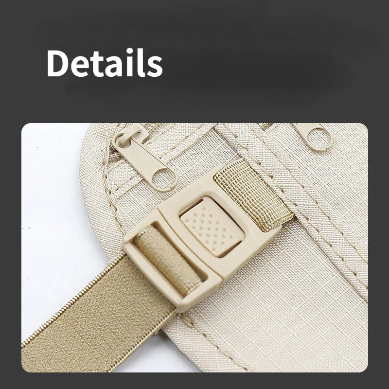 Cintura beige con fibbia regolabile e dettagli in metallo su sfondo nero. Design elegante e funzionale, ideale per moda e accessori.