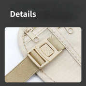 Cintura beige con fibbia regolabile e tasca con cerniera, dettagli in tessuto resistente. Accessorio moda pratico e versatile per uomo e donna.