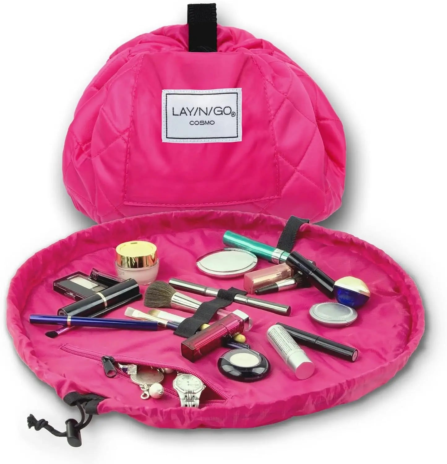 Trousse trucco rosa Lay-n-Go aperta con vari cosmetici, pennelli e accessori. Organizzatore portatile per make-up, ideale per viaggi.