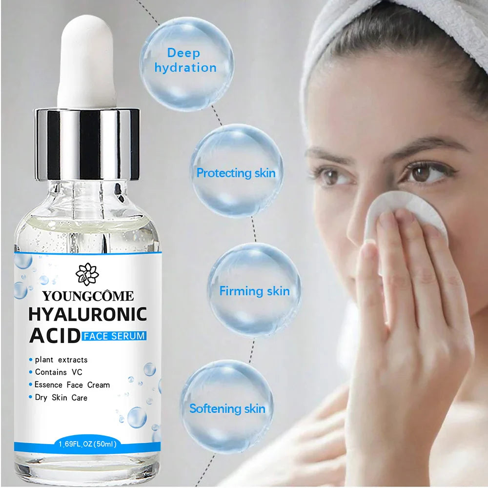 Siero viso acido ialuronico Youngcome 50ml, idratazione profonda, protezione pelle, rassodante, ammorbidisce, cura pelle secca, estratti vegetali.