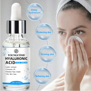 Siero viso acido ialuronico Youngcome 50ml, idratazione profonda, protezione pelle, rassodante, ammorbidisce, cura pelle secca, estratti vegetali.
