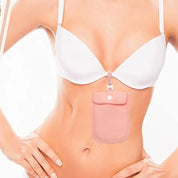 Reggiseno bianco con tasca segreta rosa per denaro, accessorio nascosto per sicurezza, moda intima femminile, pratico e discreto.