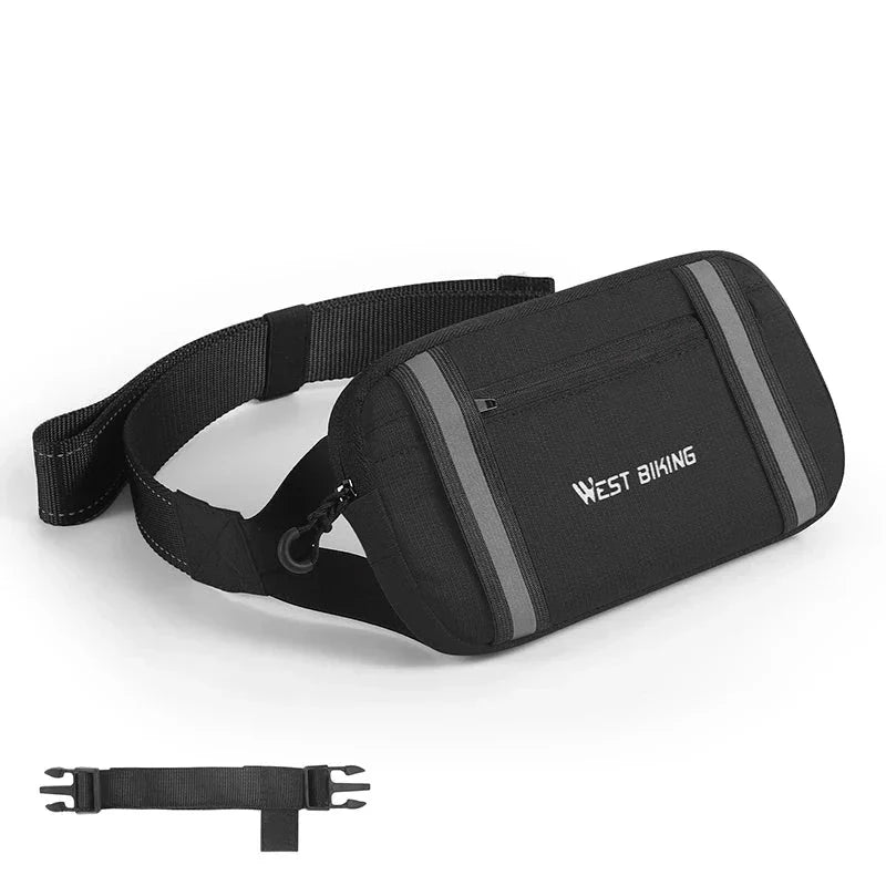 Marsupio sportivo nero West Biking, con cerniera frontale e cintura regolabile. Ideale per ciclismo e attività all'aperto. Accessorio pratico e resistente.