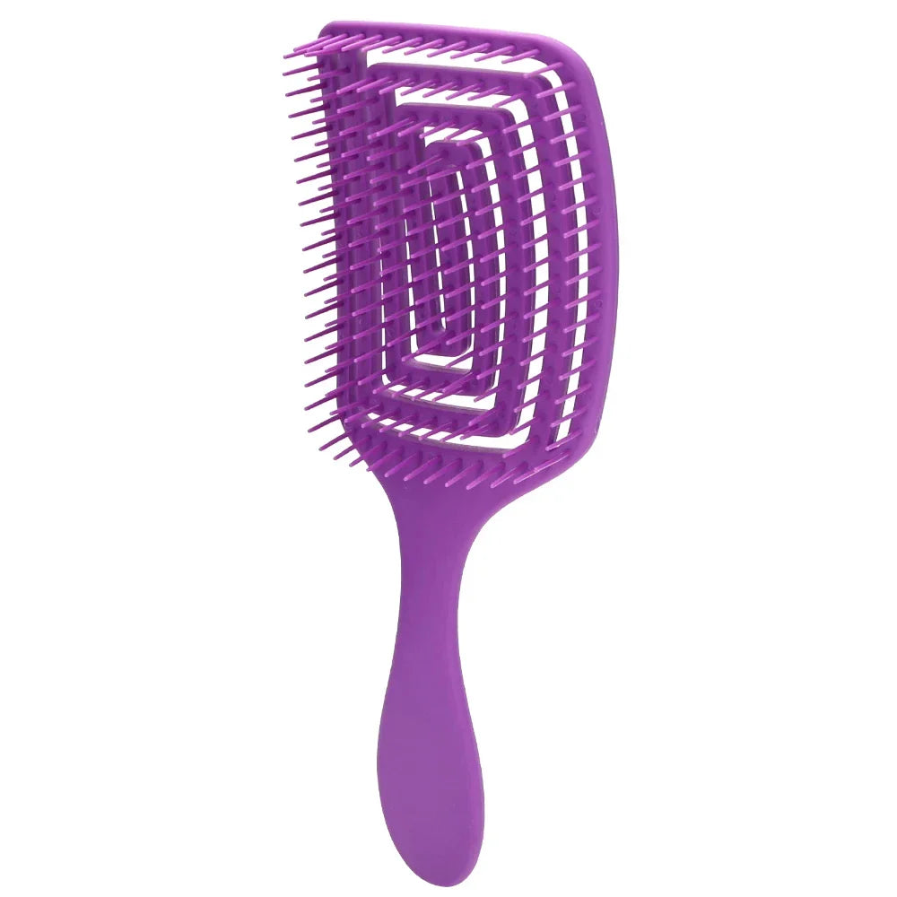Spazzola districante viola, design ergonomico, setole flessibili, ideale per capelli ricci e lisci, riduce nodi e rotture, accessorio capelli.