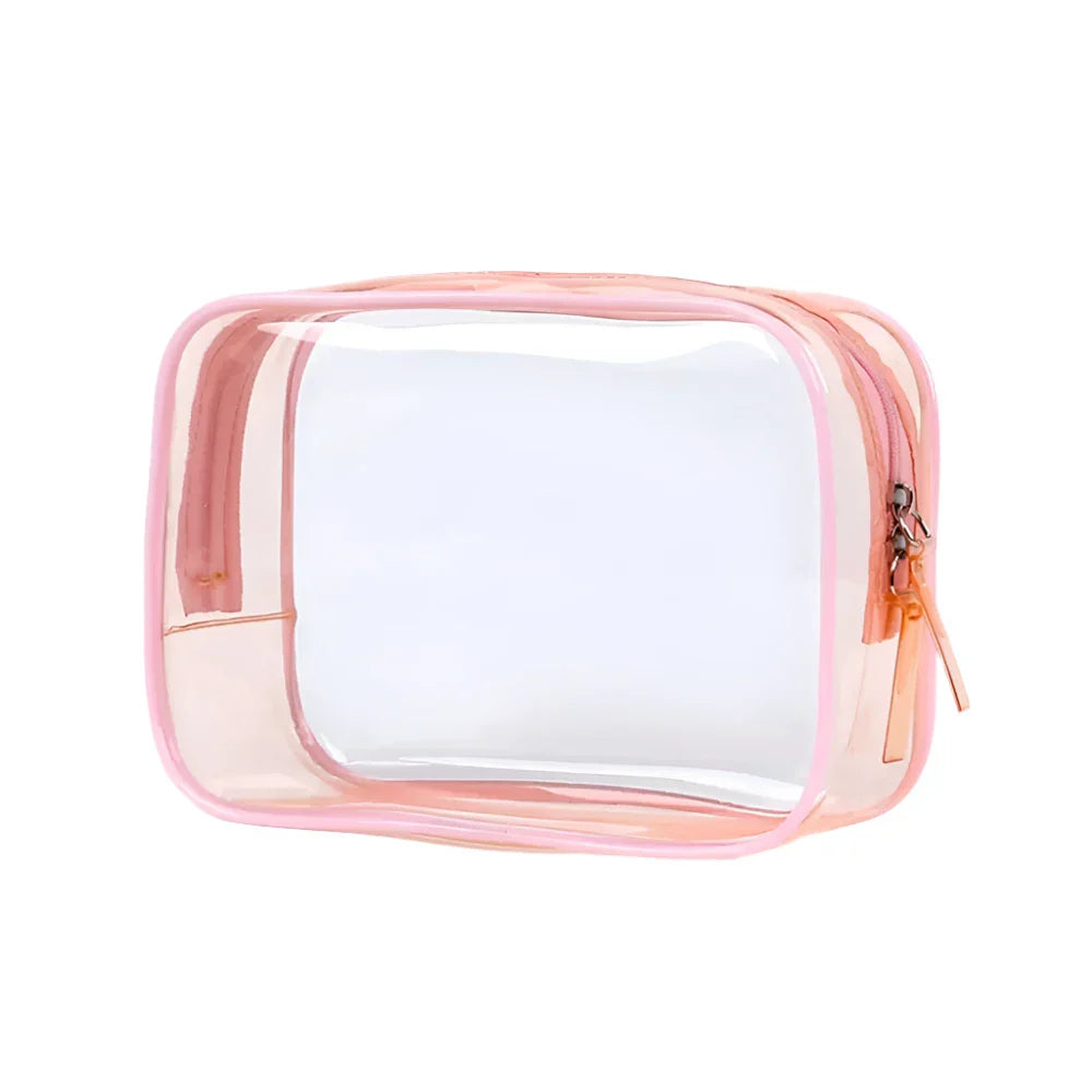 Trasparente borsa da toilette in PVC con cerniera rosa, ideale per viaggi, organizzazione cosmetici, resistente all'acqua, dimensioni compatte.