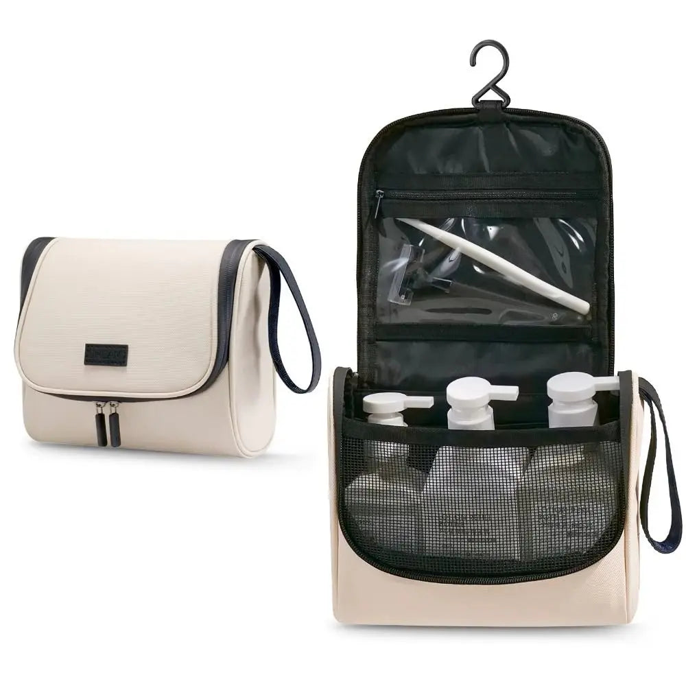 Borsa da toilette da viaggio beige con gancio, tasche trasparenti e scomparti per flaconi. Organizzatore cosmetici impermeabile e portatile.