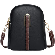 Borsa a tracolla in pelle nera con dettagli marroni, chiusura dorata, design elegante e compatto. Accessorio moda donna, ideale per ogni occasione.