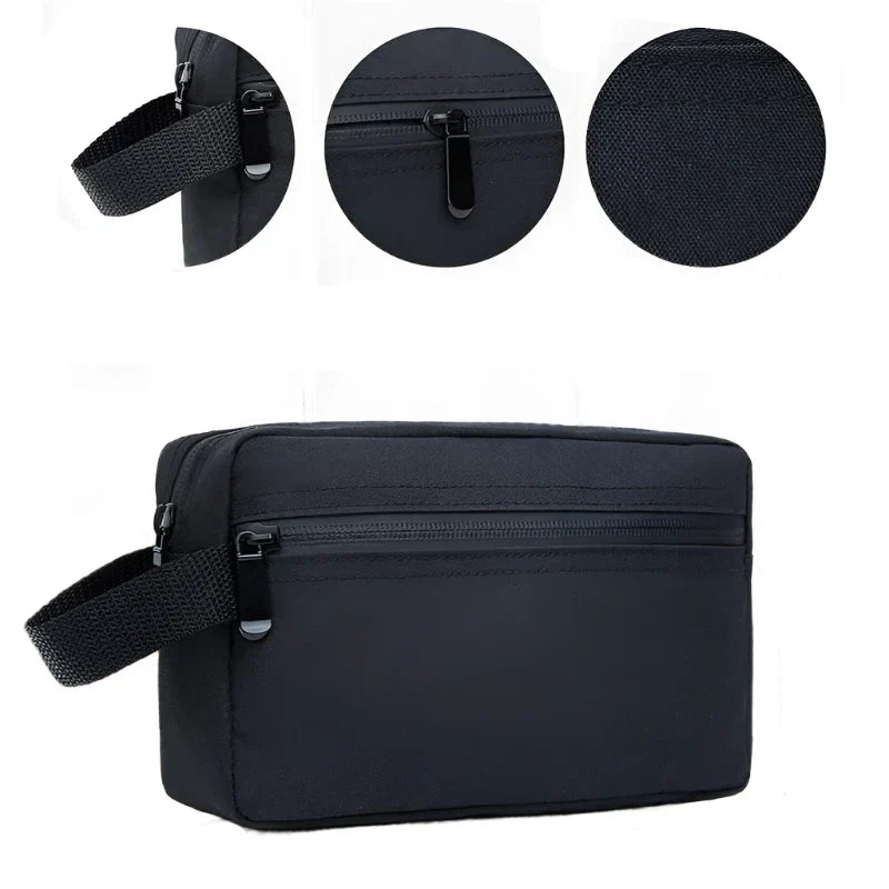Borsa da toilette nera impermeabile con cerniera, manico laterale, design compatto. Ideale per viaggi, organizzazione accessori bagno.