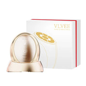 Dispositivo massaggio viso VLVE, colore oro, con scatola bianca. Tecnologia anti-età, cura della pelle, bellezza, trattamento viso.