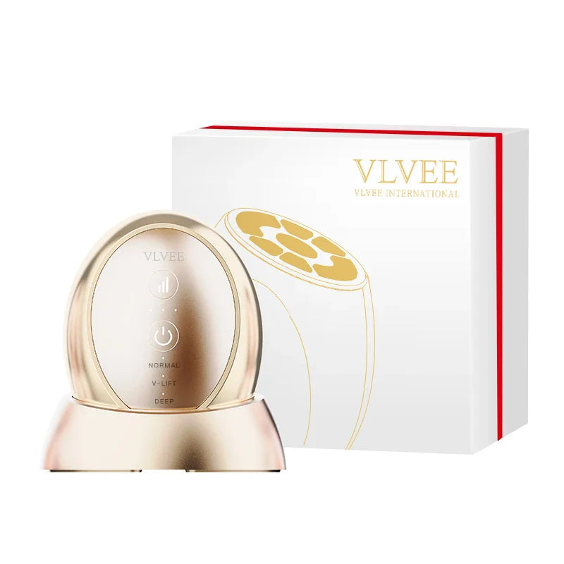 Dispositivo massaggio viso VLVE, colore oro, con scatola bianca. Tecnologia anti-età, cura della pelle, bellezza, trattamento viso.