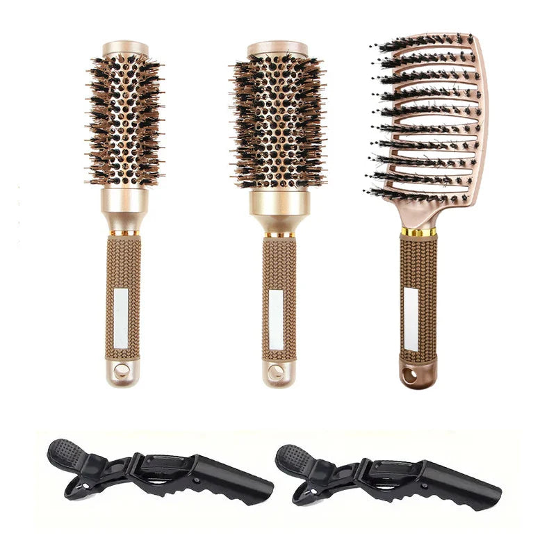 Set di spazzole per capelli professionali in ceramica dorata, include spazzole rotonde e a ventaglio, ideali per styling e asciugatura rapida.