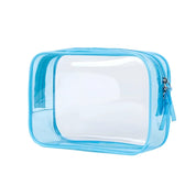 Trasparente borsa da viaggio in PVC blu con cerniera, ideale per articoli da toeletta. Perfetta per viaggi aerei, impermeabile e resistente.