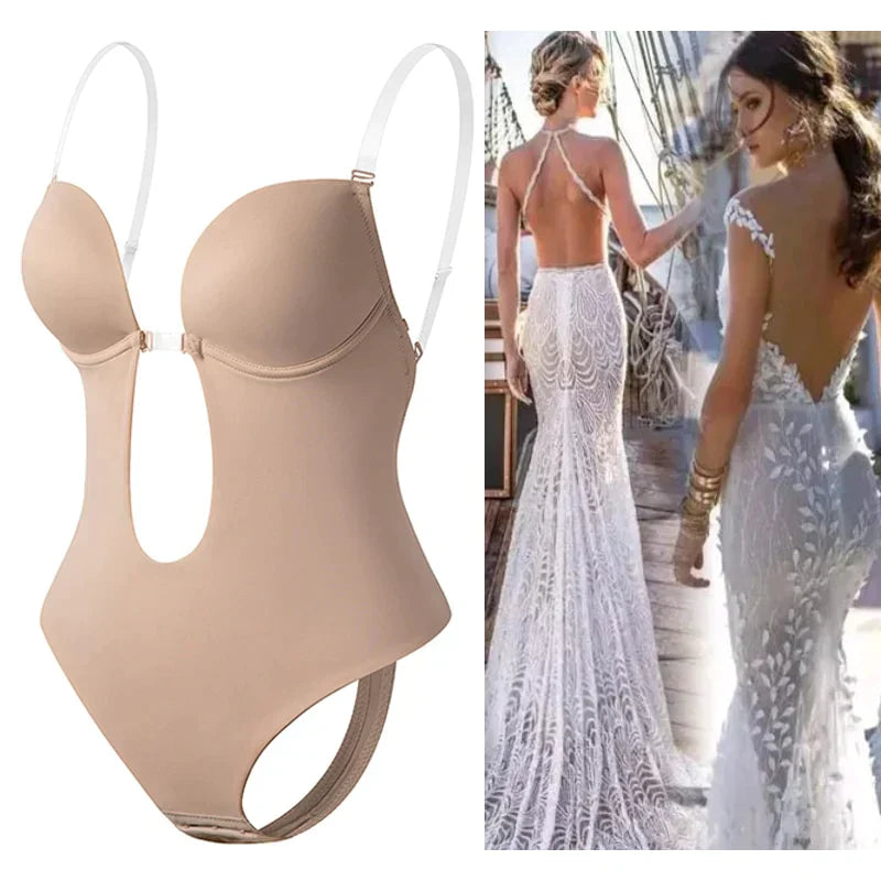 Body shaper color carne con spalline trasparenti, ideale per abiti da sposa scollati. Intimo modellante invisibile, perfetto per silhouette eleganti.