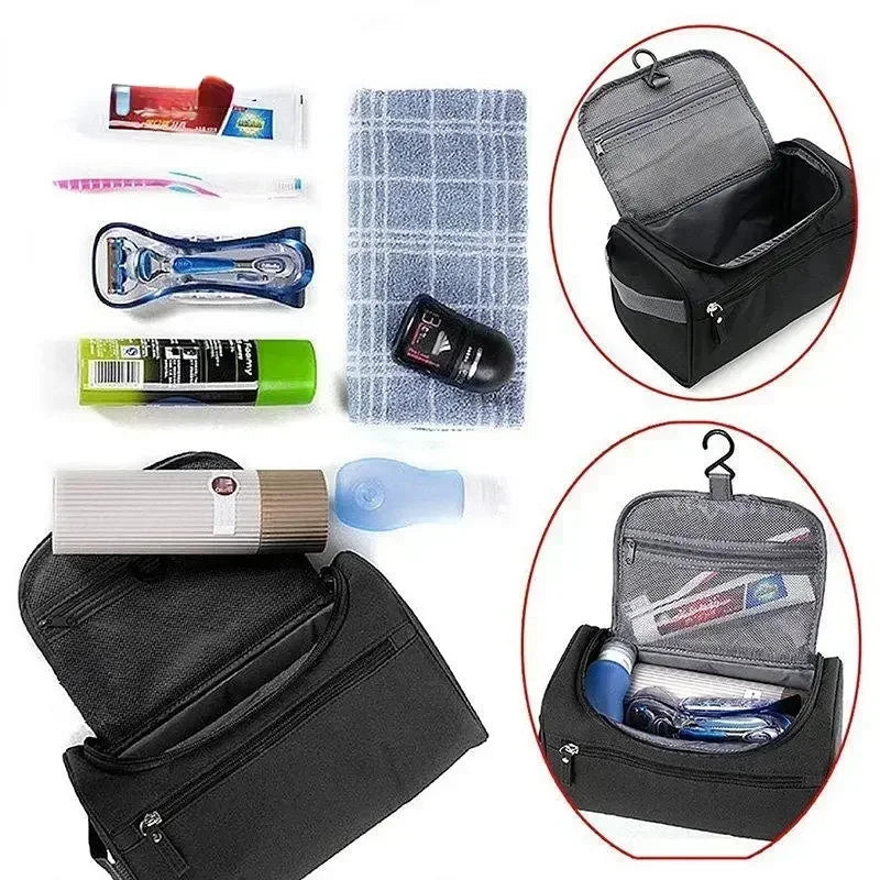 Borsa da toilette nera con gancio, accessori inclusi: rasoio, spazzolino, dentifricio, deodorante, asciugamano, ideale per viaggi e organizzazione.