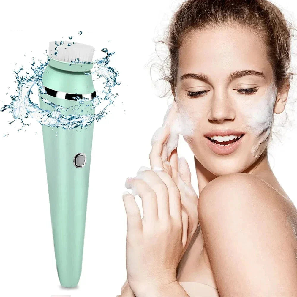 Spazzola viso elettrica verde acqua, impermeabile, con schiuma detergente. Ideale per pulizia profonda e cura della pelle. Adatta a tutti i tipi di pelle.