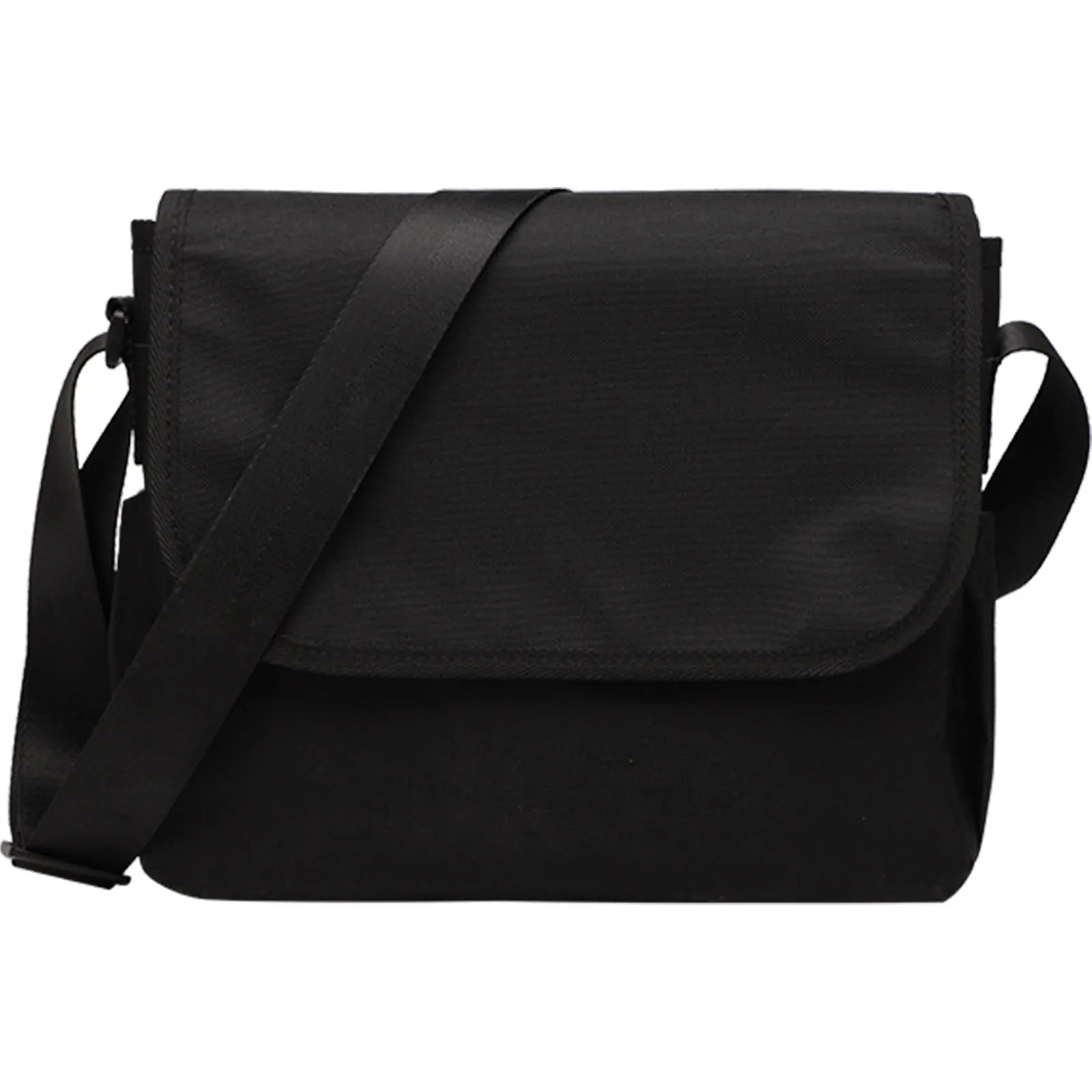 Borsa a tracolla nera unisex, design minimalista, chiusura a patta, tessuto resistente, ideale per lavoro e tempo libero. Accessorio moda versatile.