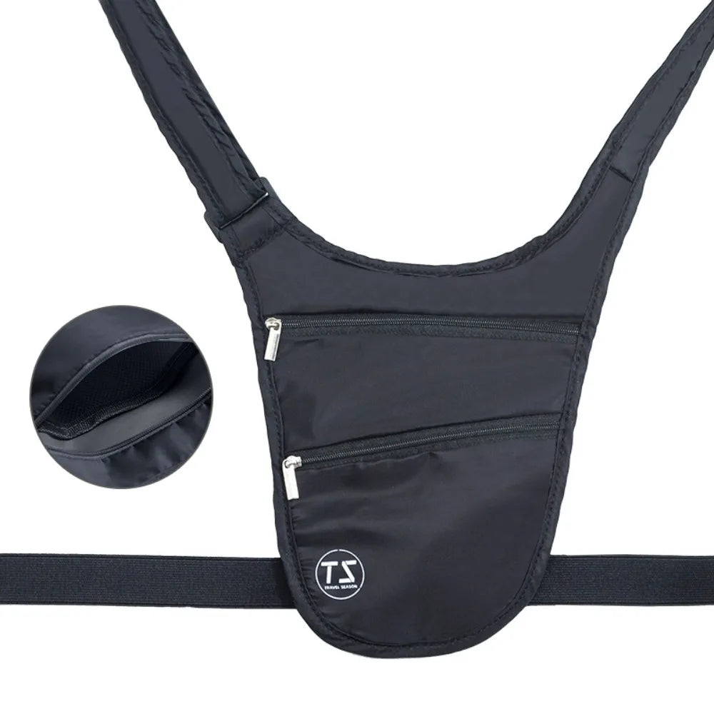 Marsupio nero antifurto con doppia cerniera, design ergonomico a tracolla. Ideale per viaggi, sicurezza e praticità. Materiale resistente e leggero.