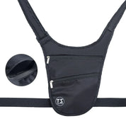 Marsupio nero antifurto con doppia cerniera, design ergonomico a tracolla. Ideale per viaggi, sicurezza e praticità. Materiale resistente e leggero.