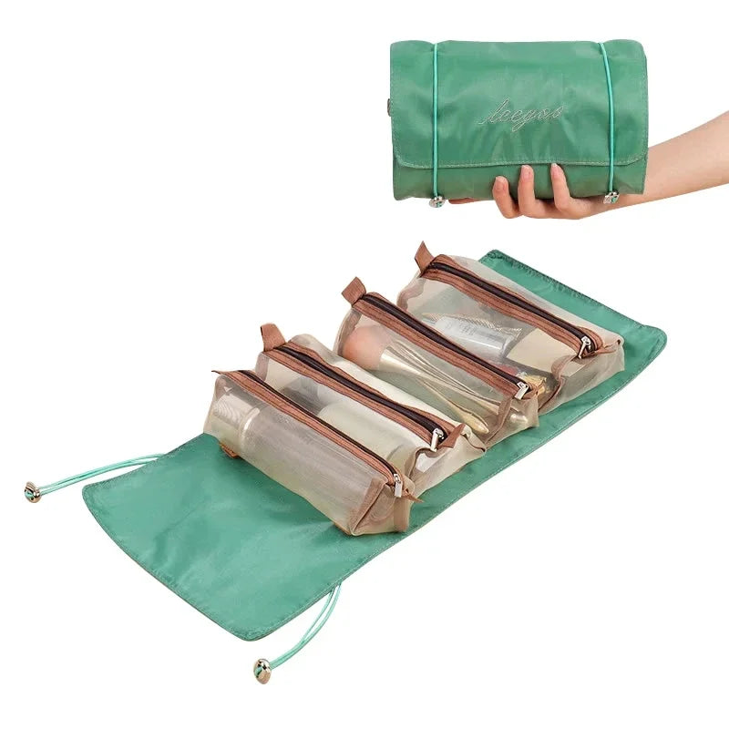 Astuccio da viaggio verde con scomparti trasparenti, ideale per cosmetici e articoli da toeletta. Design compatto e pieghevole, perfetto per organizzare.
