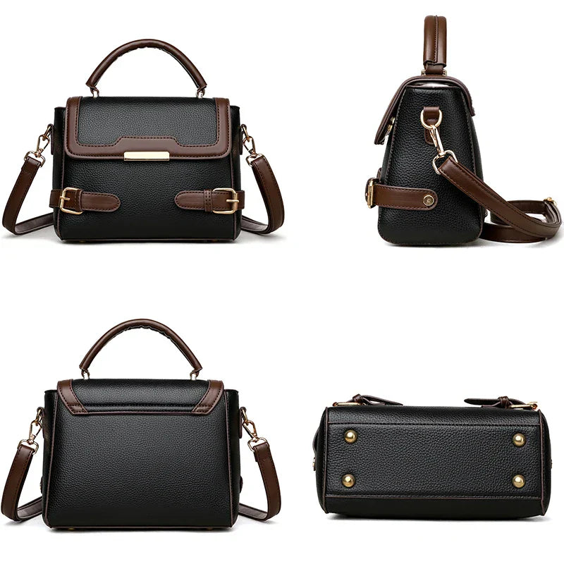 Borsa a tracolla in pelle nera e marrone, design elegante, chiusura a fibbia, manico superiore, dettagli dorati, ideale per moda femminile.