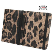 Portafoglio donna in pelle stampa leopardata, protezione RFID, design elegante e compatto, ideale per sicurezza e stile.