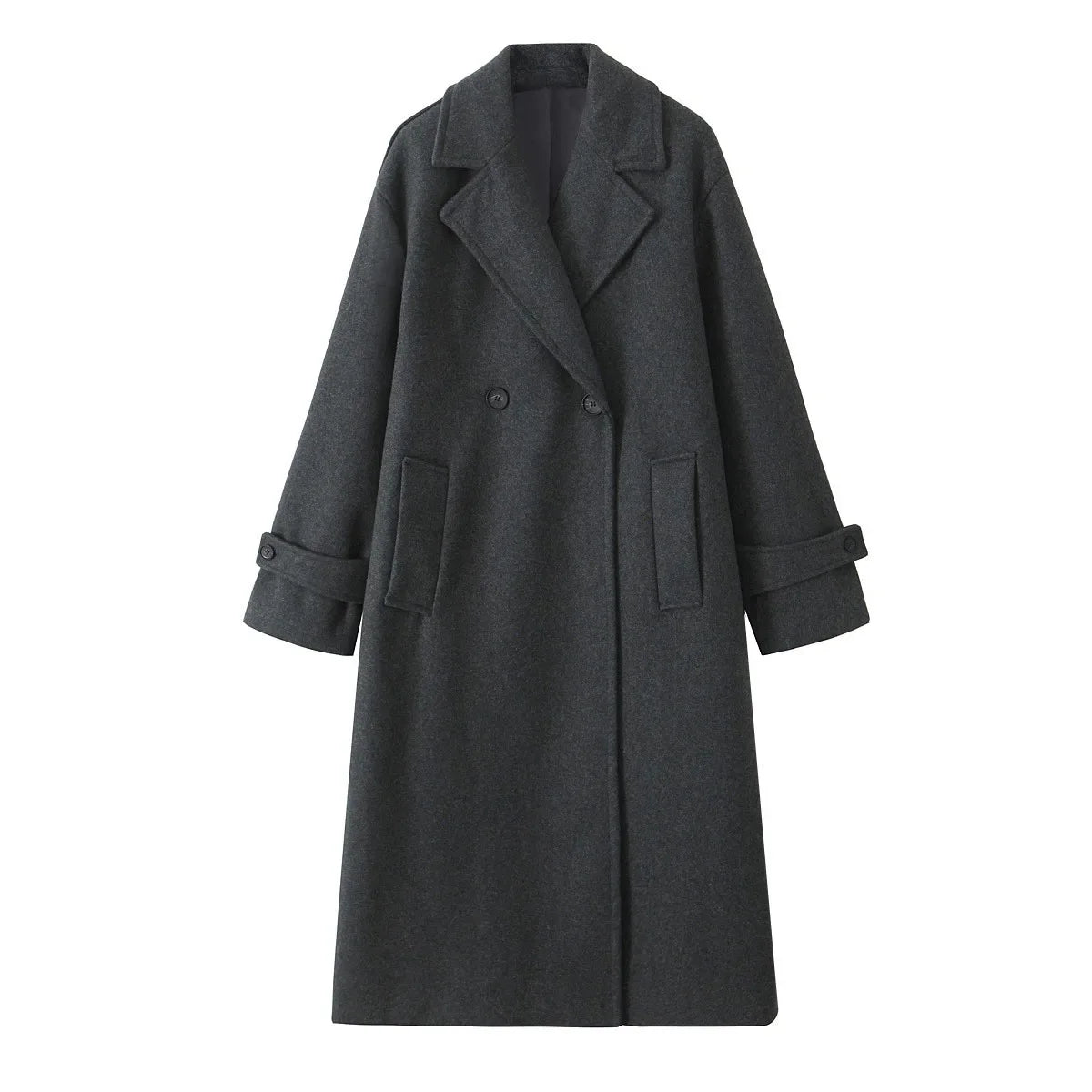 Cappotto lungo grigio scuro in lana, doppio petto, con tasche e revers classici. Elegante e caldo, ideale per l'inverno. Moda donna.