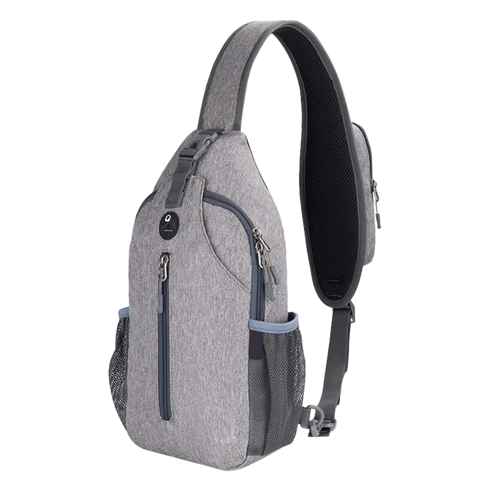 Zaino monospalla grigio, design moderno, tasche multiple, materiale resistente all'acqua, ideale per viaggi, escursioni, uso quotidiano.