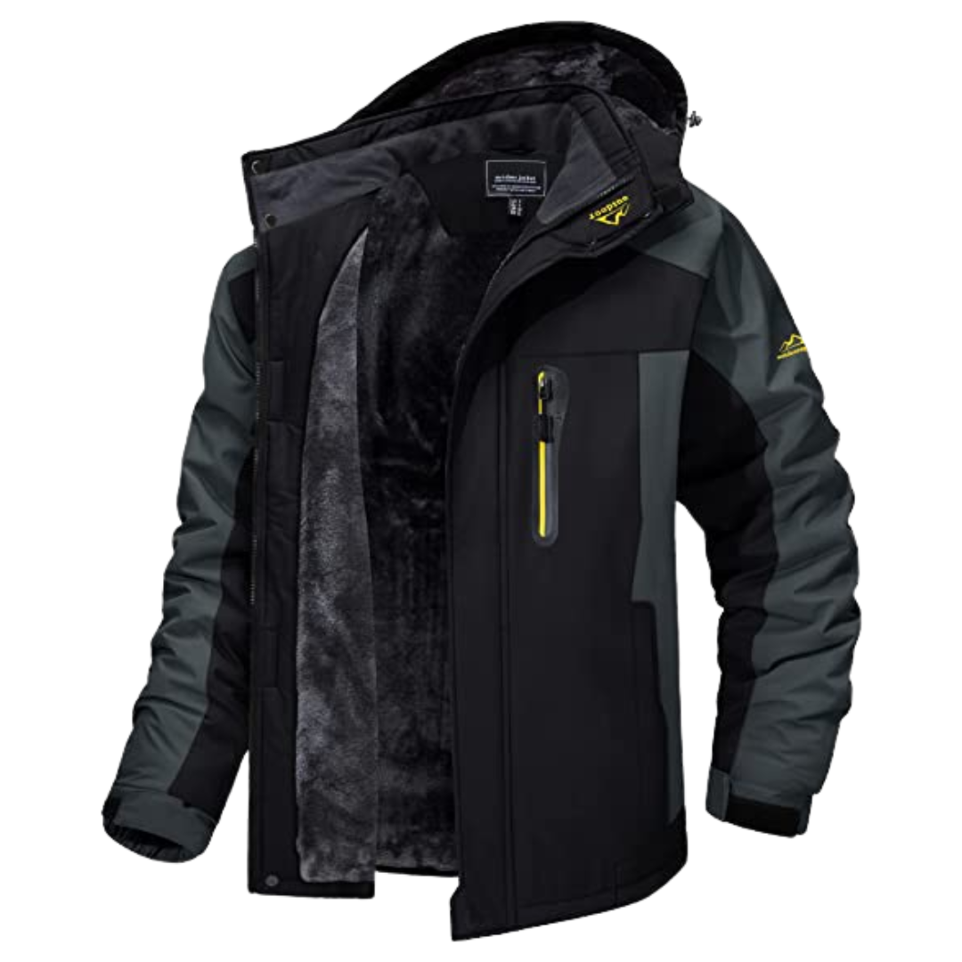 Giacca invernale da uomo impermeabile, antivento, con cappuccio staccabile, tasche multiple, colore nero e grigio, ideale per attività outdoor.