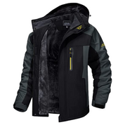 Giacca invernale da uomo impermeabile, antivento, con cappuccio staccabile, tasche multiple, colore nero e grigio, ideale per attività outdoor.