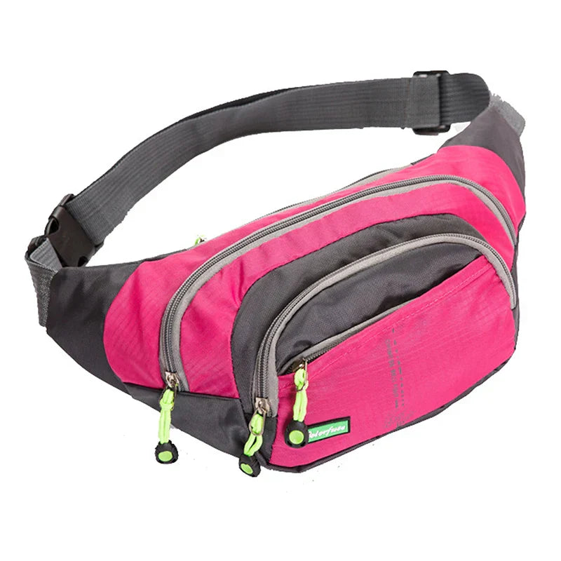 Marsupio sportivo rosa e grigio con cerniere verdi, design compatto e regolabile, ideale per attività all'aperto e viaggi.