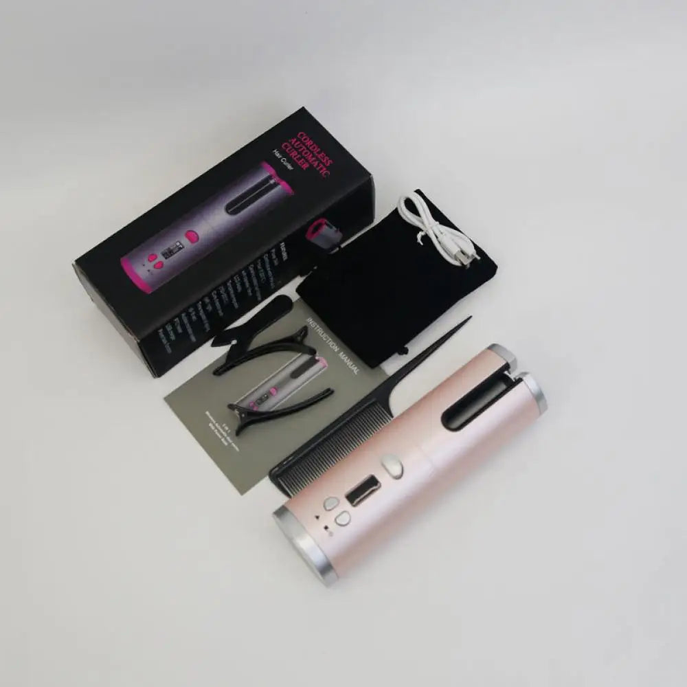 Arricciacapelli automatico rosa con display digitale, accessori inclusi: pettine, pinze, cavo USB, confezione nera. Styling capelli senza fili.