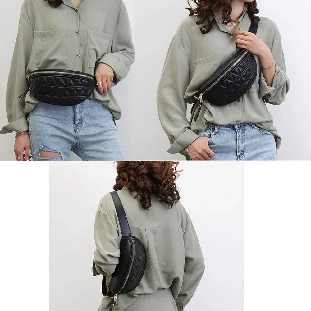 Borsa marsupio nera trapuntata indossata da donna con camicia verde e jeans. Accessorio moda casual, pratica e versatile per ogni occasione.