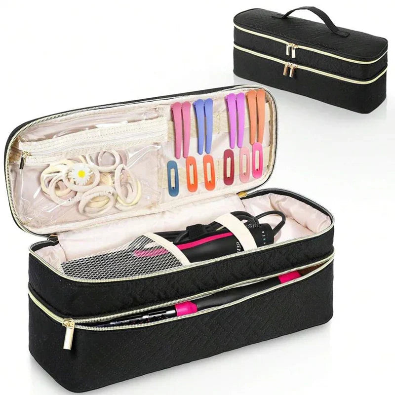 Astuccio nero per accessori capelli, con cerniera, tasche interne, elastici e fermagli colorati. Ideale per organizzare strumenti styling.
