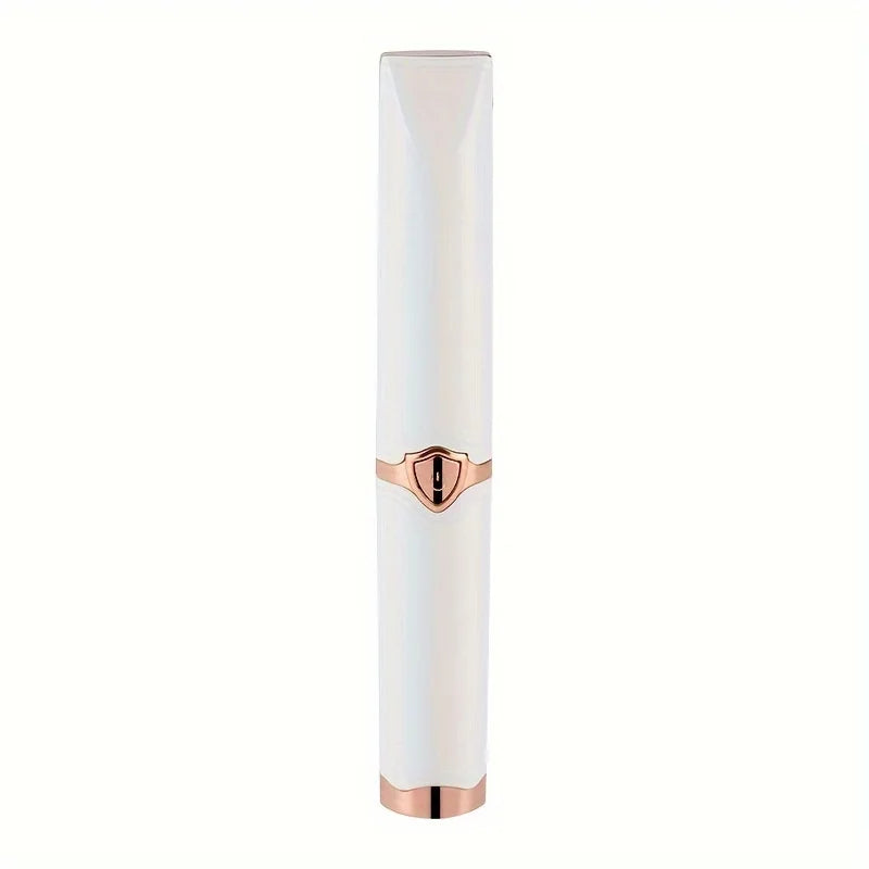 Depilatore viso elettrico bianco e oro rosa, design compatto e portatile, ideale per rimozione peli facciali, precisione e delicatezza.