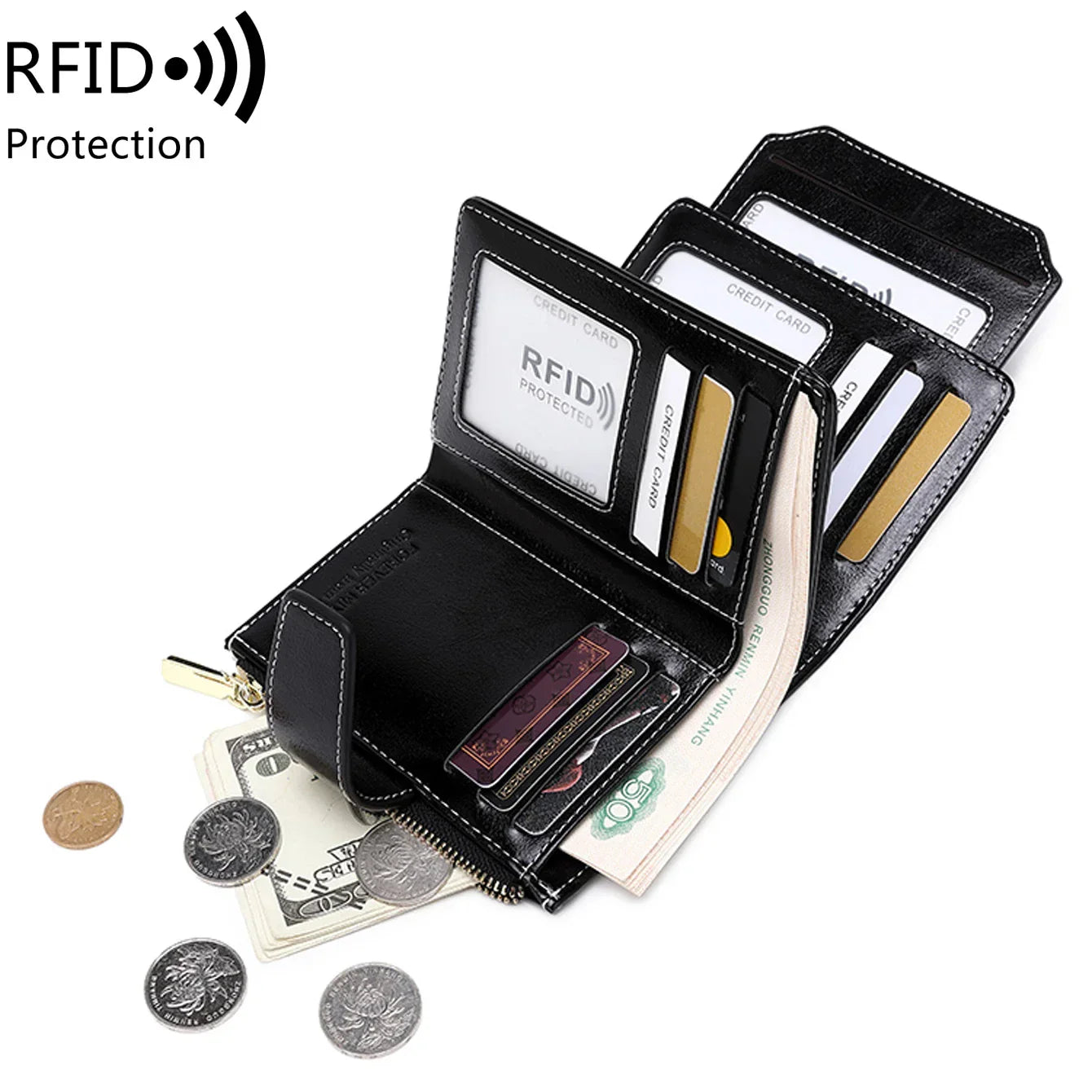 Portafoglio nero in pelle con protezione RFID, scomparti per carte di credito, banconote e monete. Design elegante e sicuro per uomo e donna.