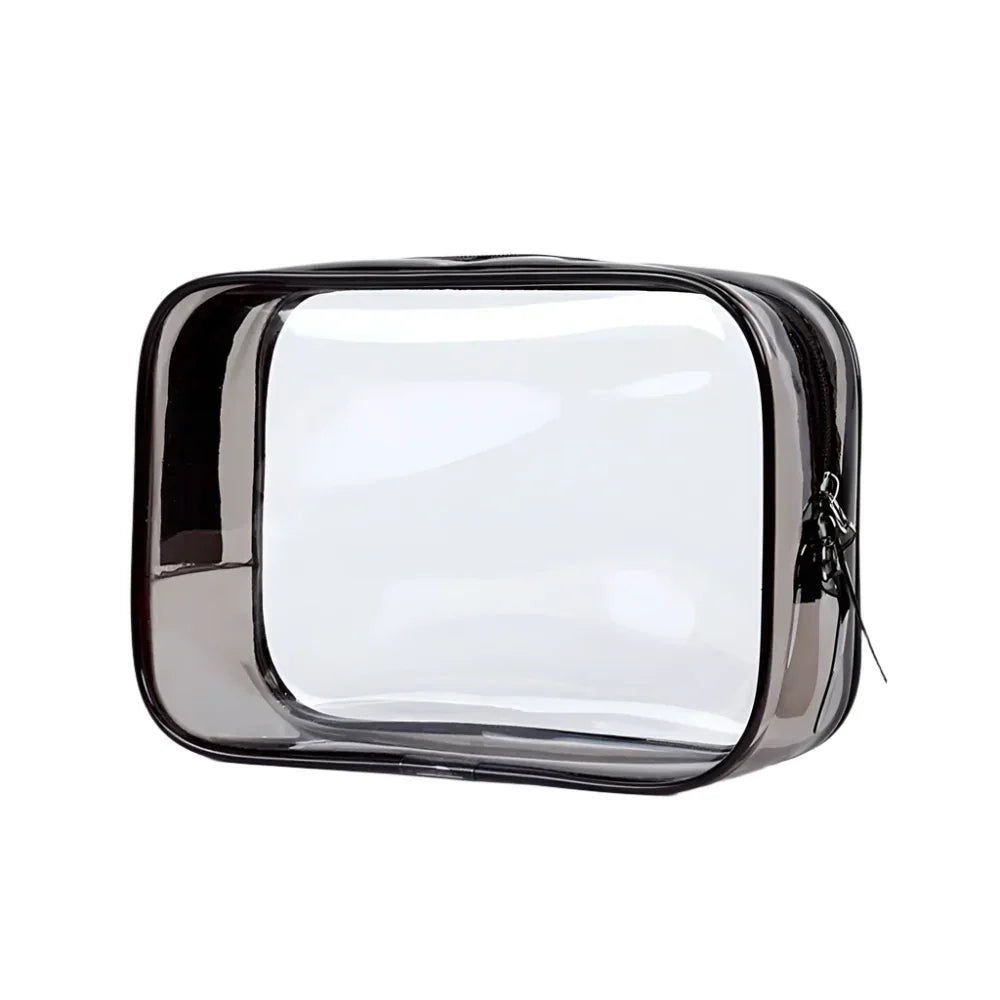 Trasparente borsa da viaggio in PVC con cerniera nera, ideale per articoli da toeletta, approvata TSA, impermeabile, organizzatore bagagli.