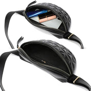 Marsupio nero trapuntato in pelle con cerniera, tasca interna, cinturino regolabile. Ideale per smartphone, trucchi e accessori. Elegante e pratico.